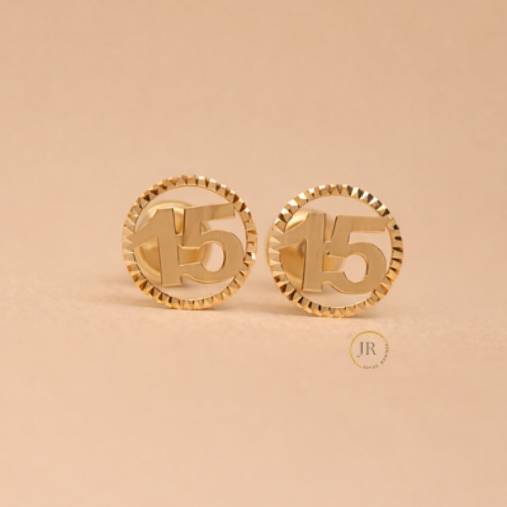 Real 14K Solid Gold Quinceañera 15 Stud Earrings Internal Screw Back 8mm.